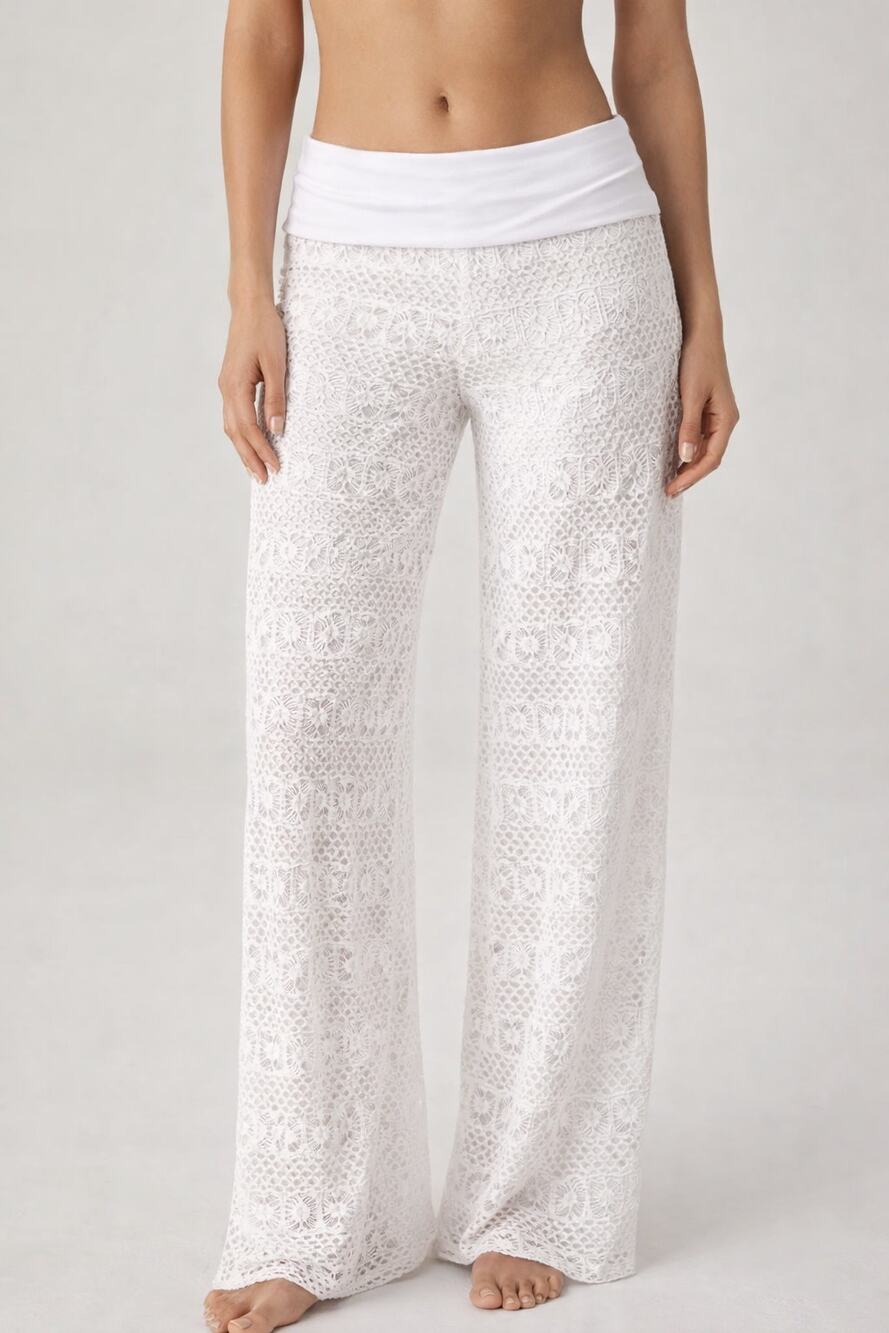 Paradise Low Rise Foldover Waist Lace Sheer Beach Cover Up Pants White Small